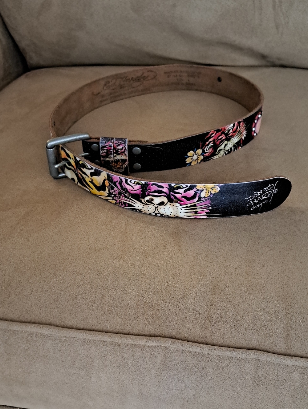 Ed Hardy Y2K Chtistian Audiguer Tiger Print  Leather Belt - Pink Yellow Black L